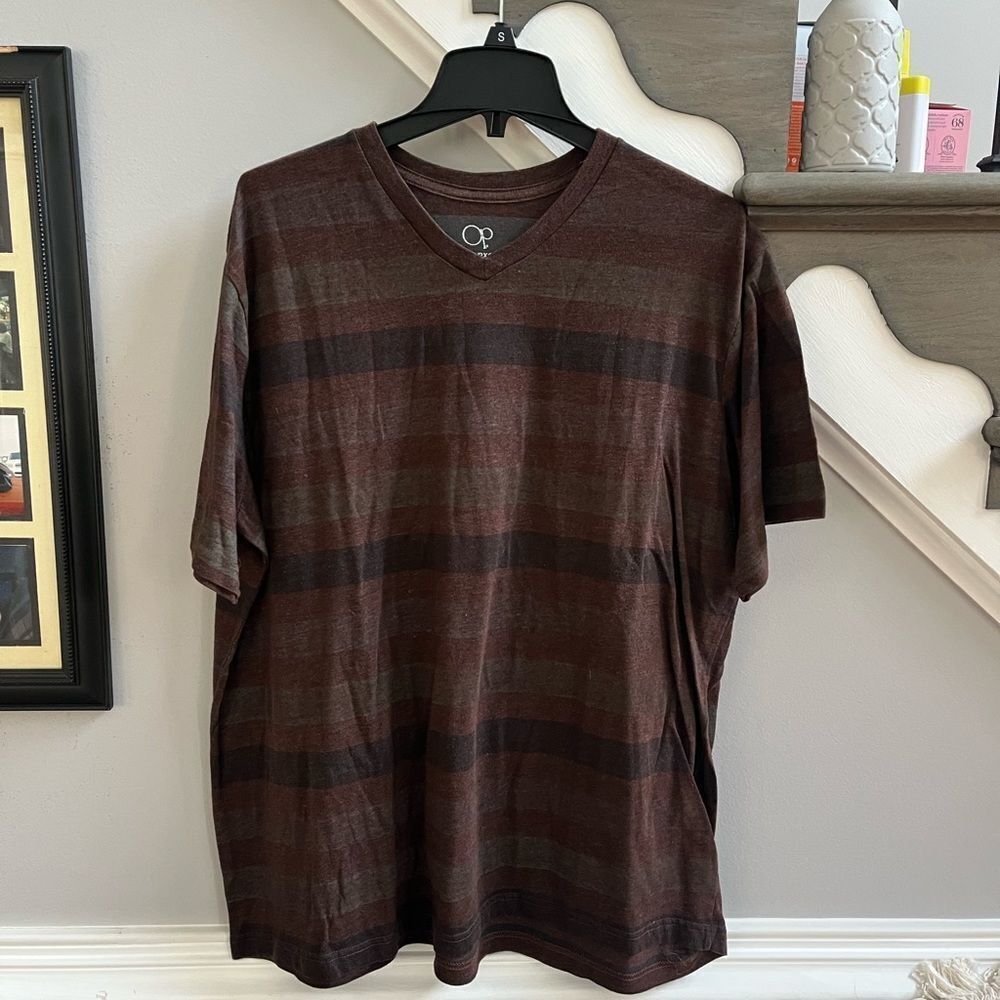 OP V-Neck Mens Brown Stripe T-Shirt sz 2XL